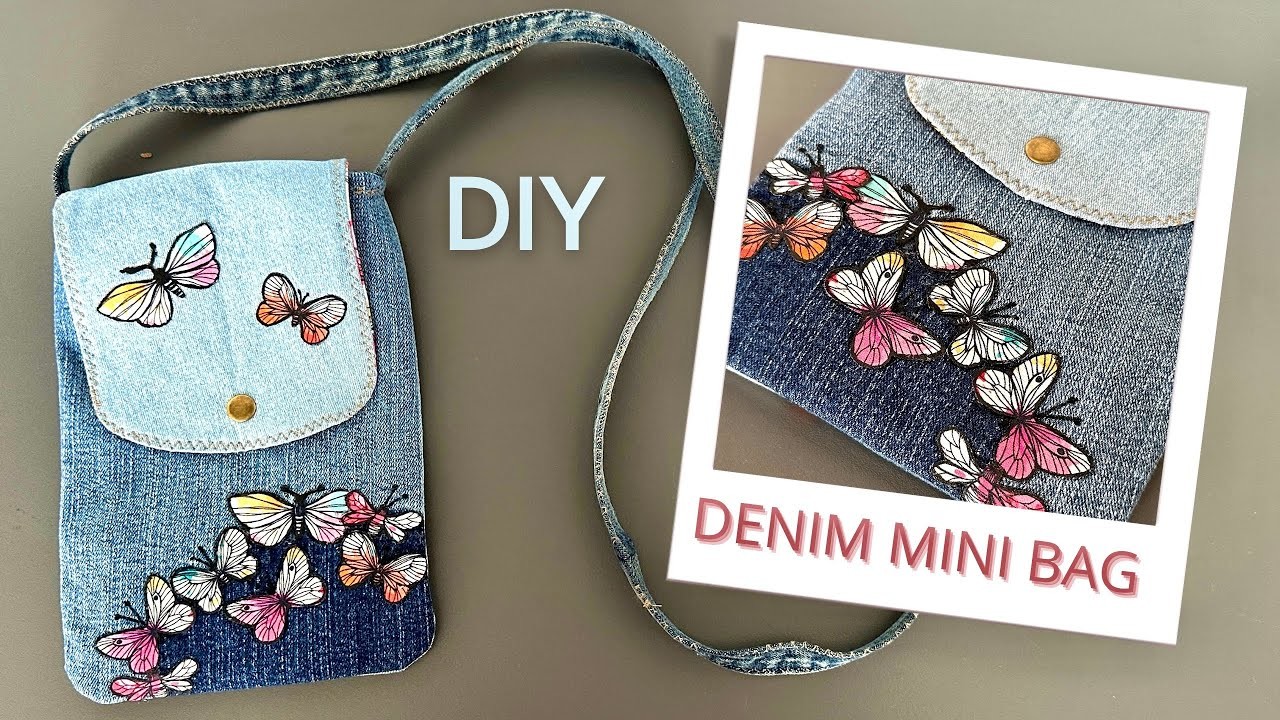 DIY Simple DENIM Crossbody BAG from old jeans with BUTTERFLY applications | Upcycling Easy