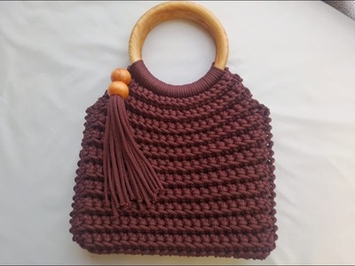 EASY CROCHET RIBBED BAG WITH WOODEN HANDLES - SUPER EASY FOR CROCHET BEGINNERS