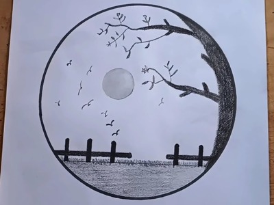 How to draw art on paper !! moon scenery drawing. 3d drawing. flying birds scenery