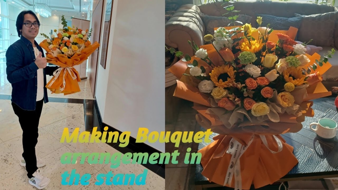 Making Bouquet arrangement in the stand.wrapping idea tutorial.Azieltv