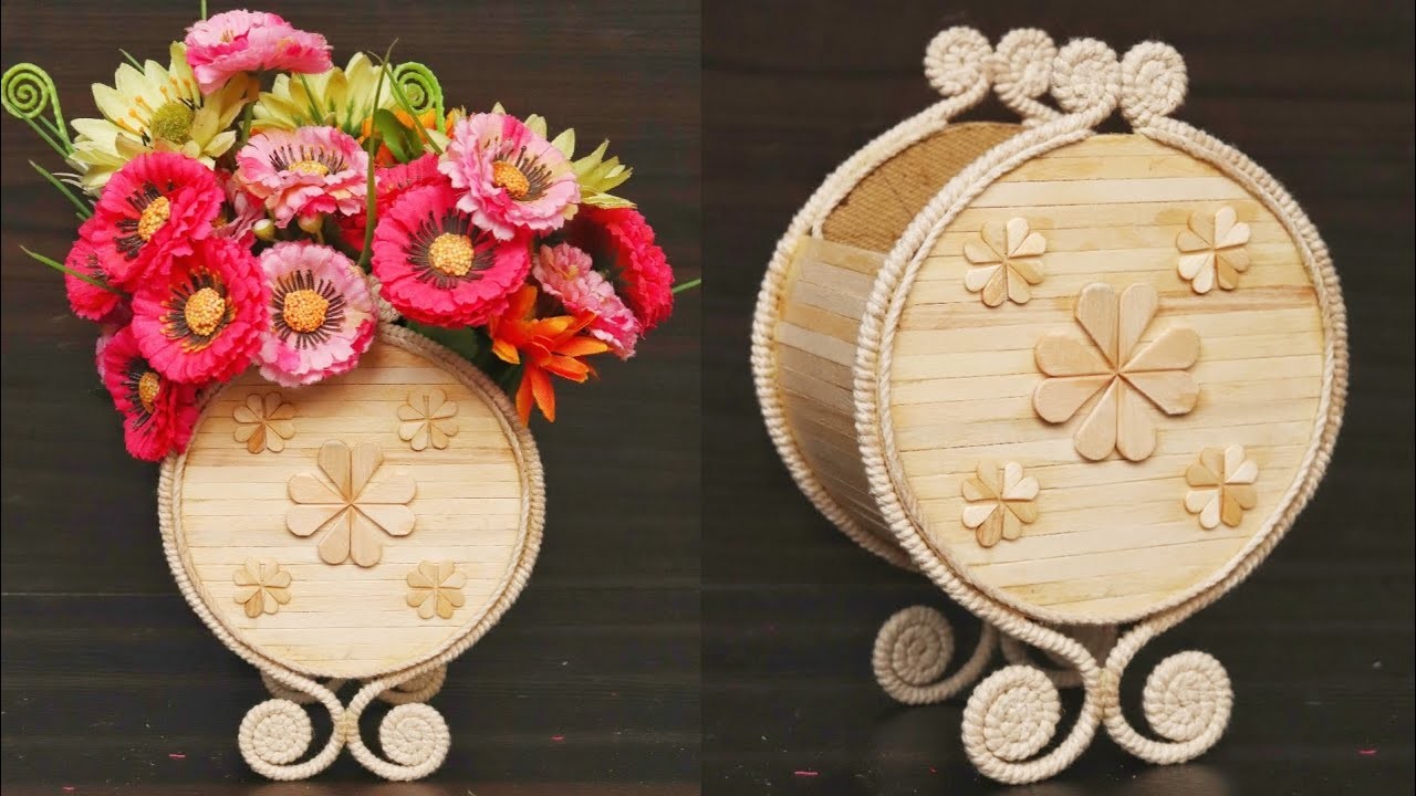 Unique Flower vase making with popsicle sticks and White cotton thread | Great home decor craft idea