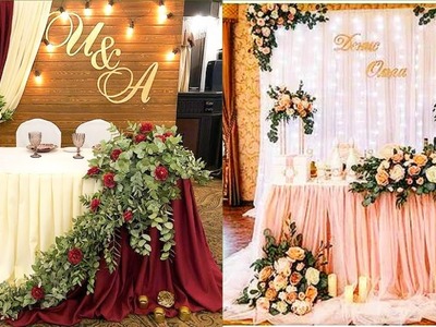 Very Well Decorated Wedding Flower Table Cover And Wall Curtain Decoration Ideas