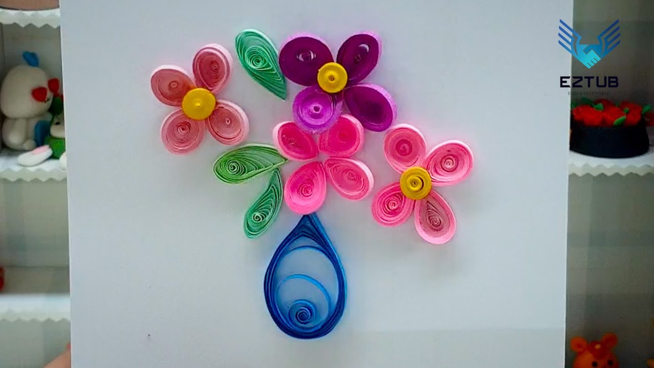 Beautiful quilling paper card with orchid vase art | Learn to make paper quilling flower