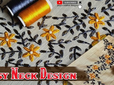 Hand Embroidery Easy Neck Design with Bullion Lazy Daisy Stitch||Silk Thread Design|| Jaicyscreative
