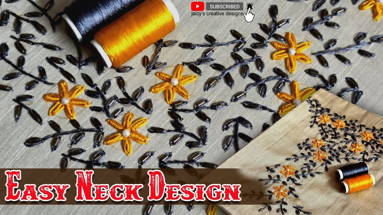 Hand Embroidery Easy Neck Design with Bullion Lazy Daisy Stitch||Silk Thread Design|| Jaicyscreative