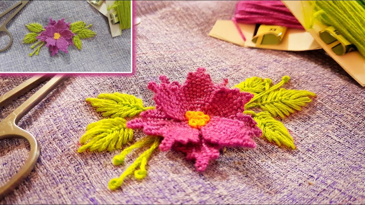 Hand embroidery flowers 3d. embroidery beautiful flowers