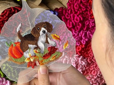 Hand Embroidery on Bodhi Leaves - Cute Puppy
