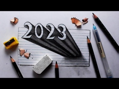 How to draw 3d 2023 on paper || 3D drawing new year special ||