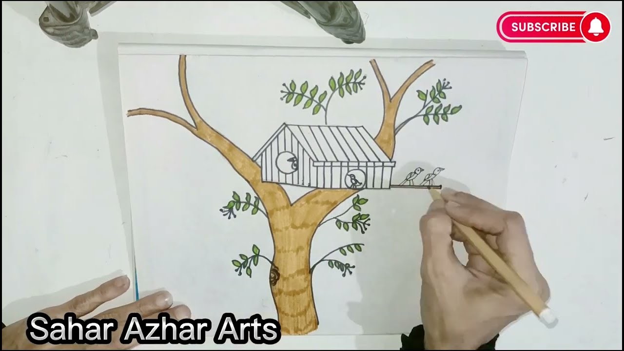 How to Draw Birds House on a Tree. simple pencil Drawing. for beginners