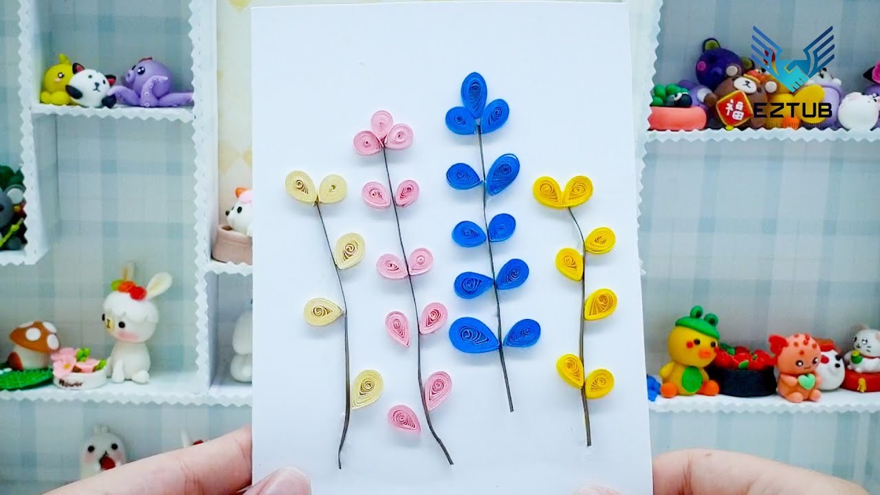 Quilling tutorial with lovely colorful 3-petal flower motifs | Flower papes to decorate cards