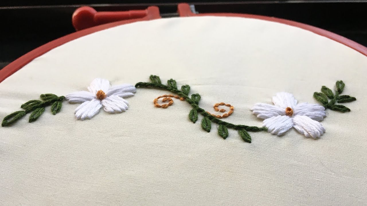 Satin Hand Embroidery Flower Border Design Idea | Lazy Daisy Stitch | Stem Stitch | #FirstThread