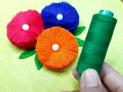 Super Easy Pom Pom Flower Craft Idea With Sewing Thread | Hand Embroidery Design Trick