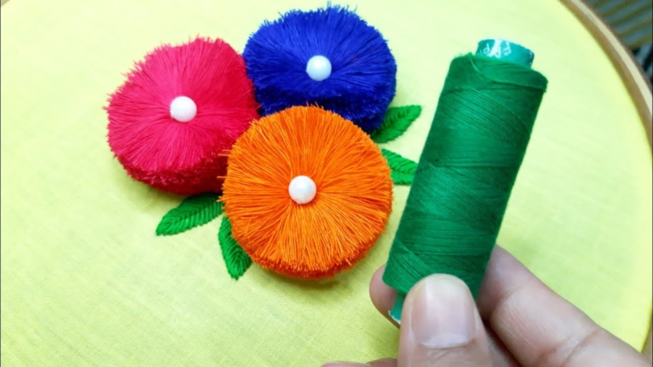 Super Easy Pom Pom Flower Craft Idea With Sewing Thread | Hand Embroidery Design Trick