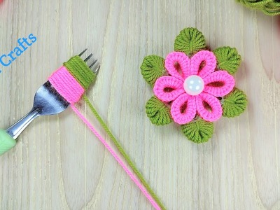 Super Easy Woolen Flower Idea With Fork | Easy Hand Embroidery Trick | Flower Embroidery