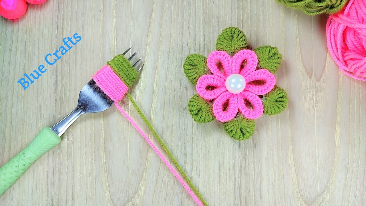 Super Easy Woolen Flower Idea With Fork | Easy Hand Embroidery Trick | Flower Embroidery