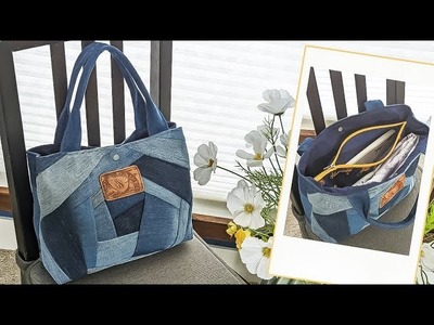 DIY Crazy Patchwork Denim Bag Out of Old Jeans Fabric Remnants | Bag Tutorial | Upcycle