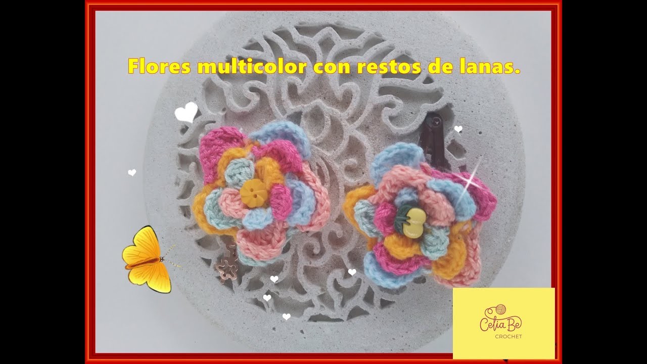 Flor multicolor a crochet con restos de lanas.Ganchillo