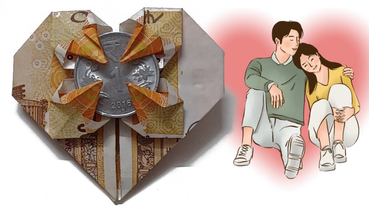 Money origami heart ❤️ 200 rupees note With 1 Rupees Coin