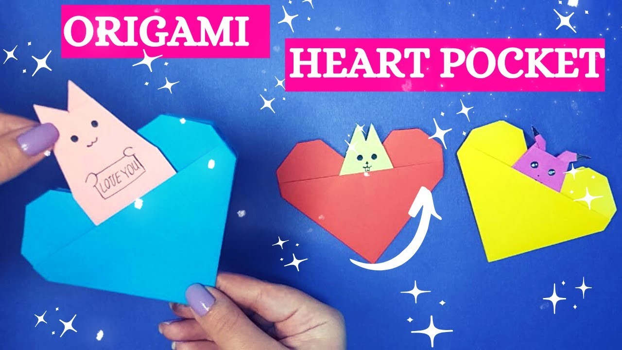 Origami :How to make ORIGAMI HEART [origami heart pocket with origami cat, rabbit and Pikachu]