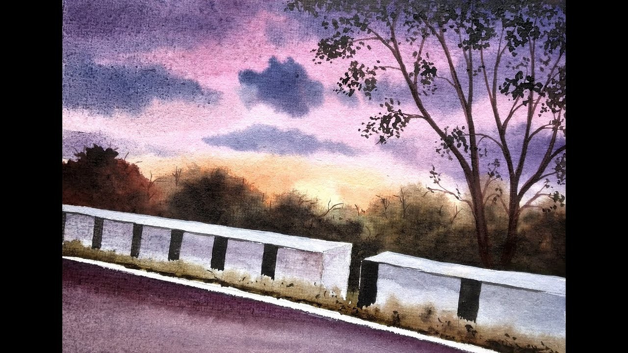 Beautiful roadside view point painting with watercolor | Paint with David
