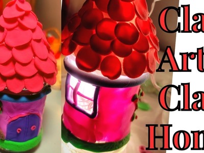 Clay Art on glass bottle | How to make mini home using clay ||