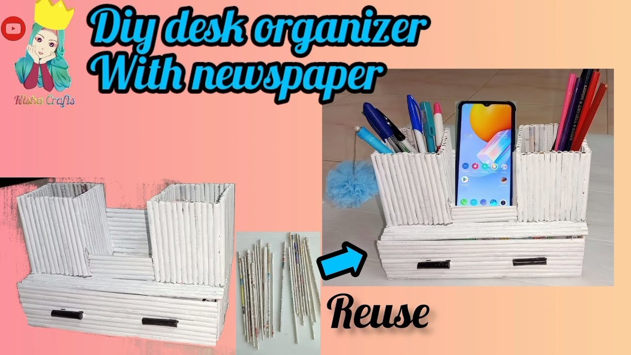 ????️????Diy desk organizer with waste newspaper????.pen holder.mobile stand.Newspaper Reuse ideas????#craft