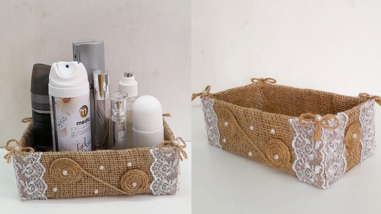 Organizer ideas with cardboard boxes and jute fabrics