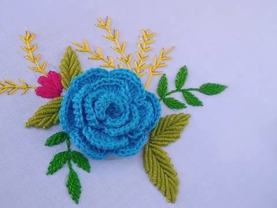 3D Flower Embroidery with Crochet Work.Crochet Work Flower Motif Embroidery Design