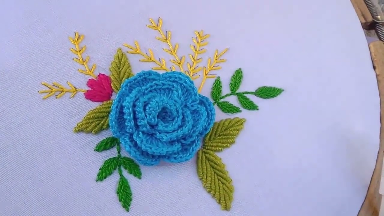 3D Flower Embroidery with Crochet Work.Crochet Work Flower Motif Embroidery Design