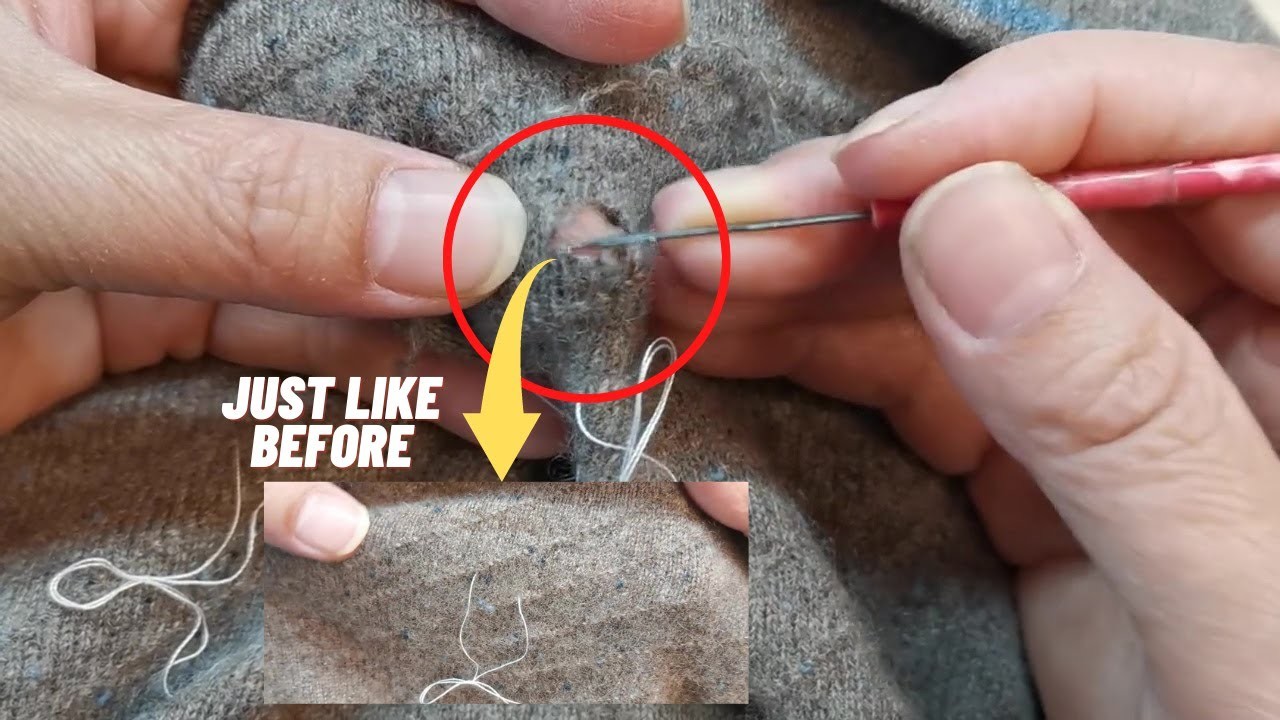 Fixing Moth Eaten Holes in a Sweater with a Sewing Needle No Crochet Hook Needed!