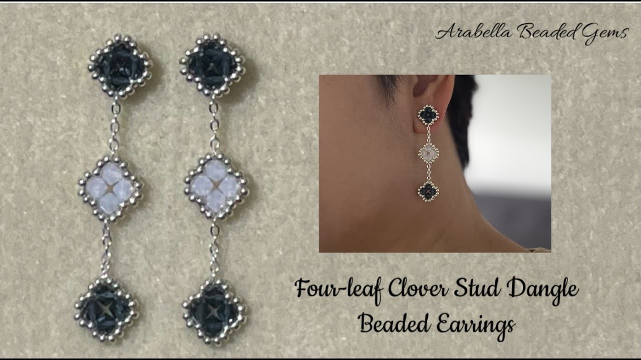 Four-leaf Clover Stud Dangle Beaded Earrings. Jewelry-making at Home. Left-handed