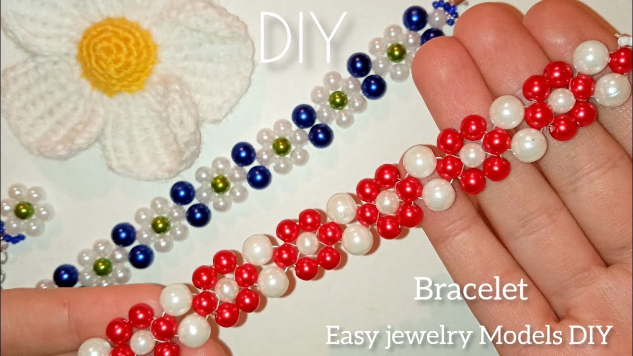 White Pearl Beaded Floral Bracelet Making.Easy jewelry Models DIY