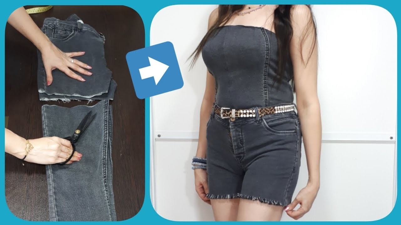 DIY convert.reuse old jeans into top and short ,old jeans reuse #ideas #reused #jeans
