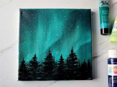 Easy acrylic painting tutorial for beginners. Northern lights aurora painting on mini canvas