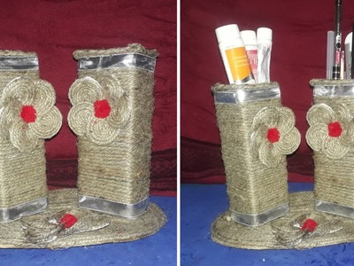 How to make pen stand using Jute ?Best out of waste reuse idea.Diy jute craft