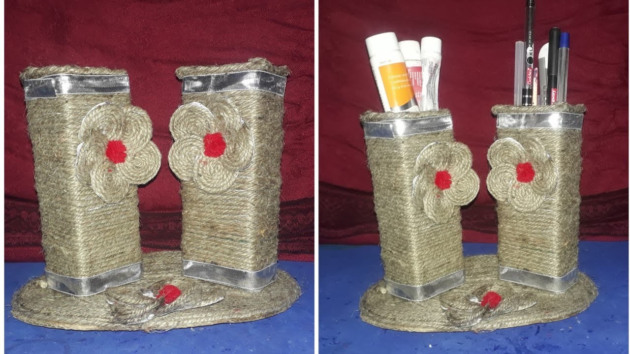 How to make pen stand using Jute ?Best out of waste reuse idea.Diy jute craft