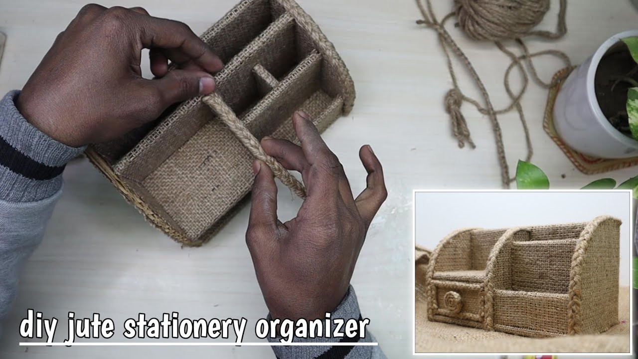 Jute Craft | How to make Organizer using Cardboard and Jute, Jute Stationery organizer