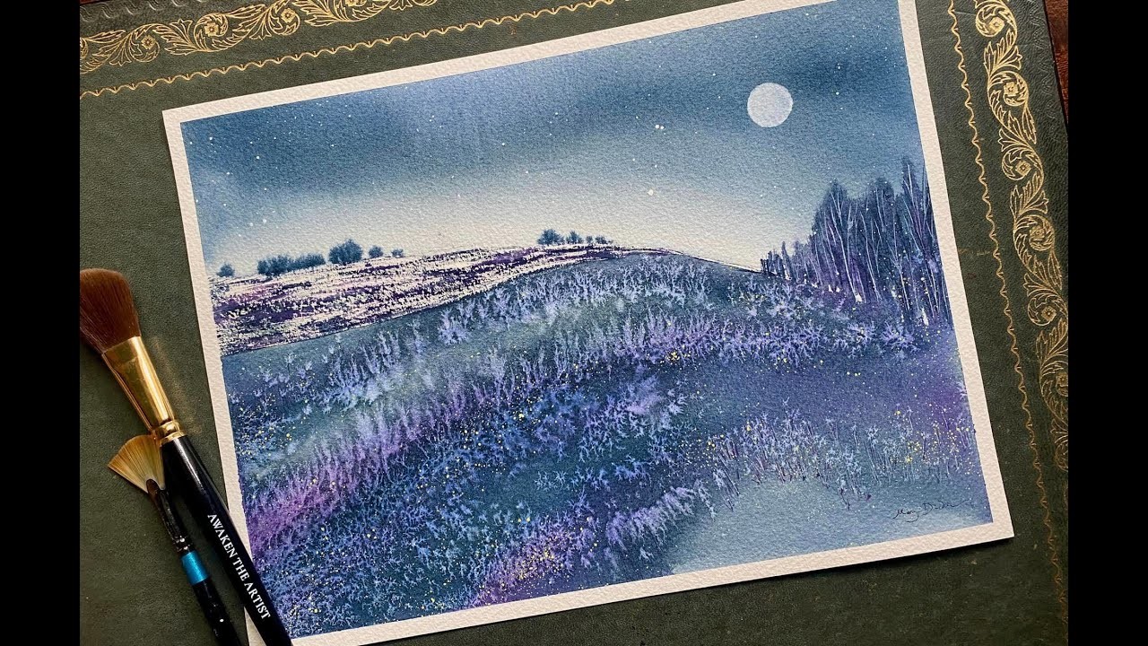 Morgaine's Simple Watercolor Moonlight Meadow EVENING LIGHT Landscape Painting tutorial Watercolour