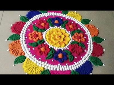 Simple Rangoli Design With Spoon|| Easy Rangoli Design With Flowers|| Relaxing Rangoli Video