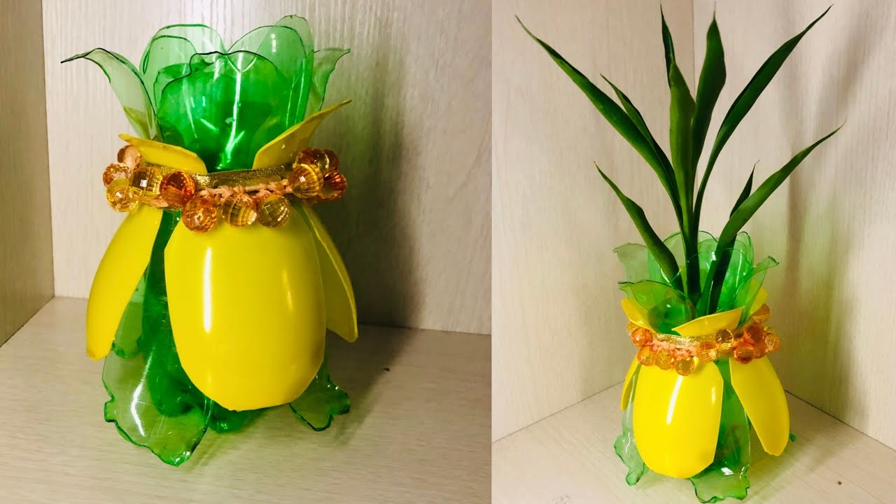 Beautiful flower Vase from plastic bottles & broken hair ties with beads @RecycleCraftArt