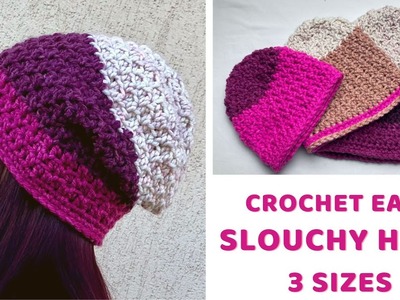 Crochet Slouchy Hat You Will Love, 3 sizes, 1 ball Donut Chunky, easy and quick free written pattern