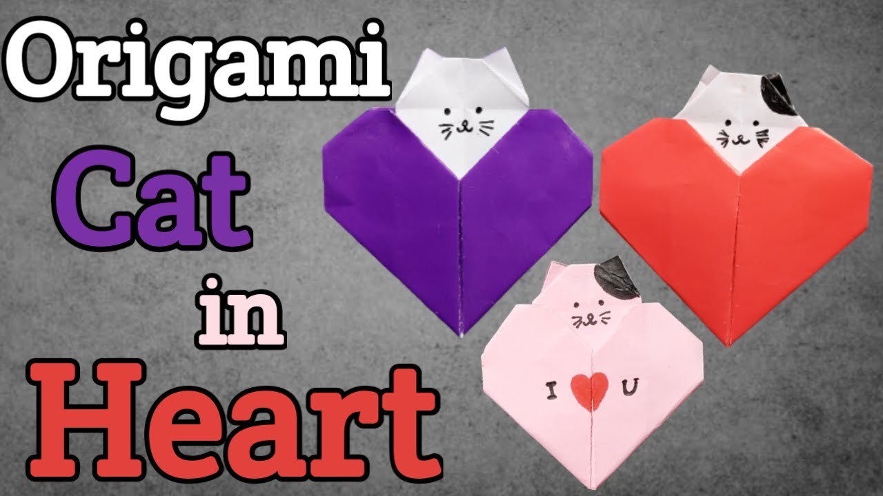 Origami Cat in Heart.Origami Cat Heart. Origami Heart Pocket with Origami Cat