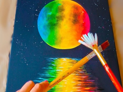 Colorful Rainbow Moon Acrylic Painting. Acrylic Canvas Online Tutorial