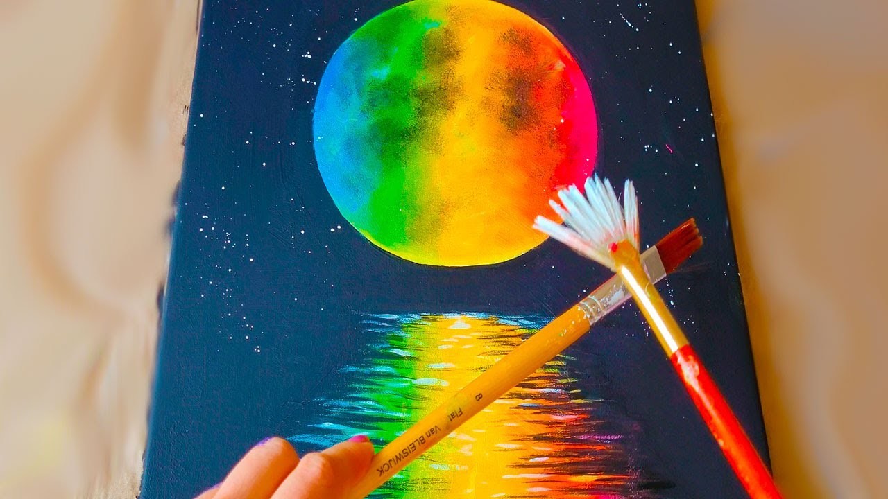 Colorful Rainbow Moon Acrylic Painting. Acrylic Canvas Online Tutorial