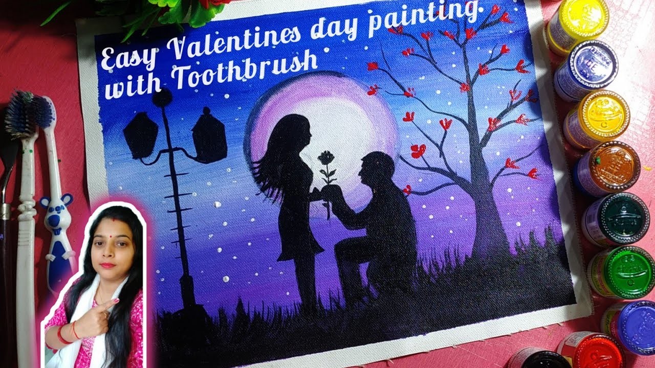 Easy Valentines Day Painting withToothbrush.Couple Drawing withAcrylic Colour.Step By Step Tuitorial