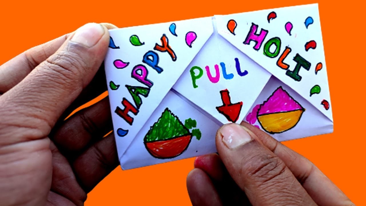 Holi greeting card easy | Pull Tab Origami Envelope Card |