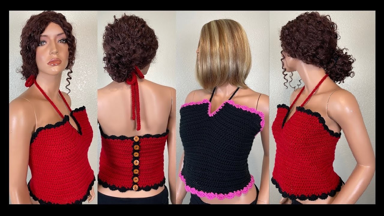 Crochet Corset Top - V neck Crochet Crop Top with Straps and Buttons
