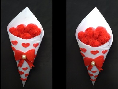 Diy Ross Day Craft. shopping bag Rose flower bouquet. Valentine's day craft.