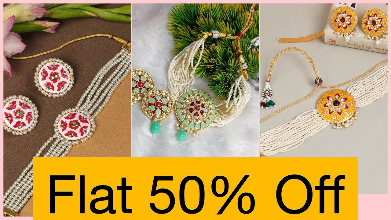 Flat 50% Off | Rajistani Choker Necklaces| Meenakari, Crystal Beats, Mother of pearls, Jems Stones