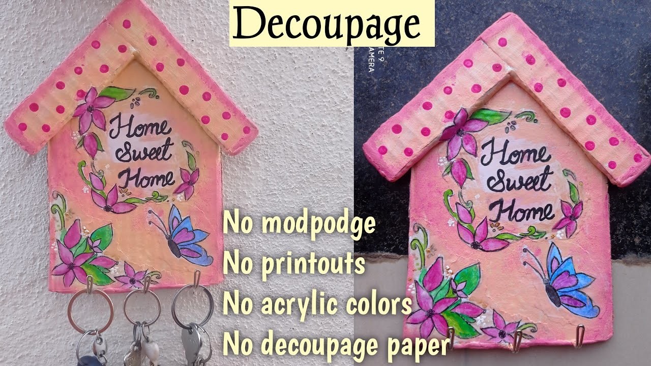 Decoupage key holder | No modpodge, No decoupage paper #cardboard #decoupage @wittycreativity5165